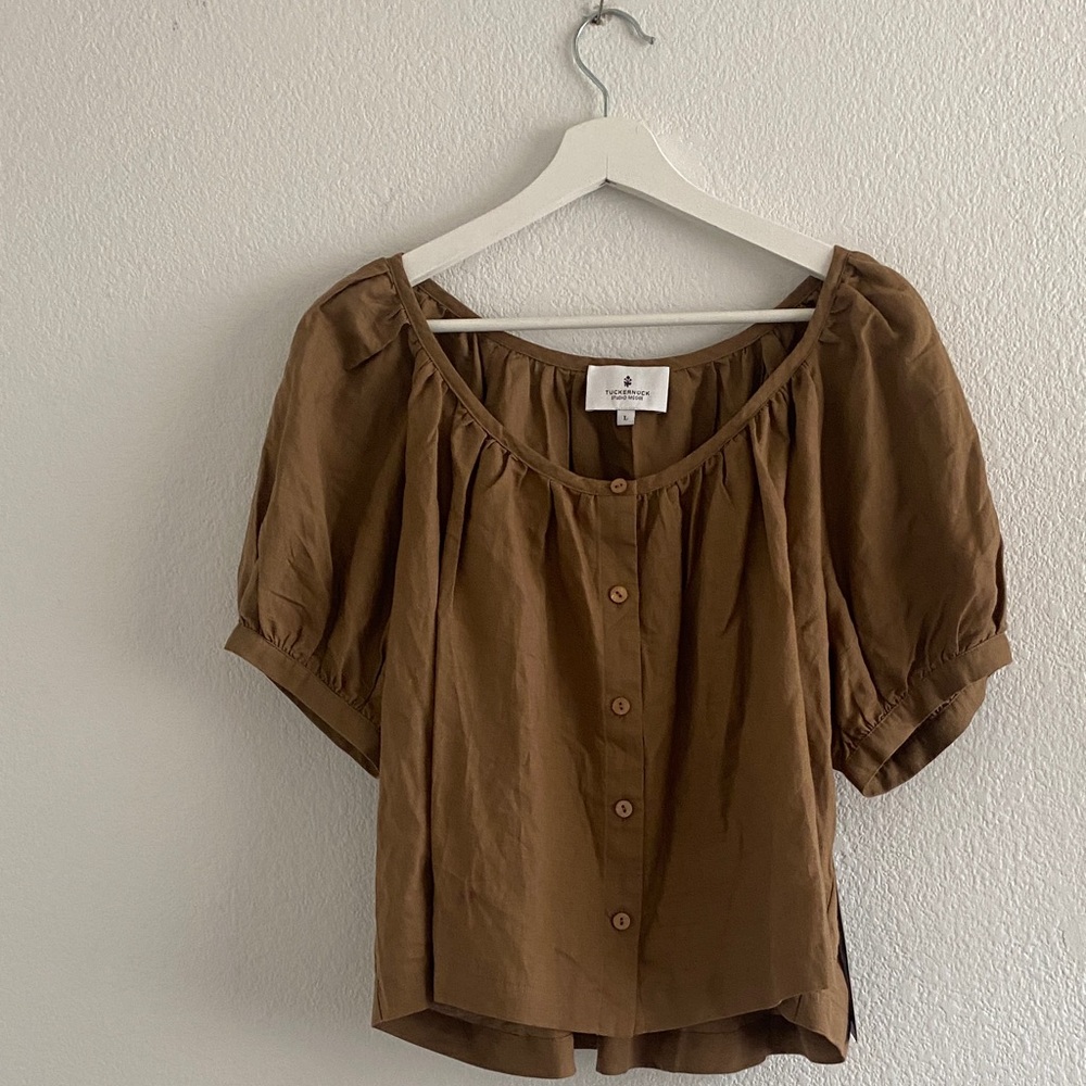 Tuckernuck Studio McGee Brown Linen Cotton Blend Button Down Short Sleeve Blouse
